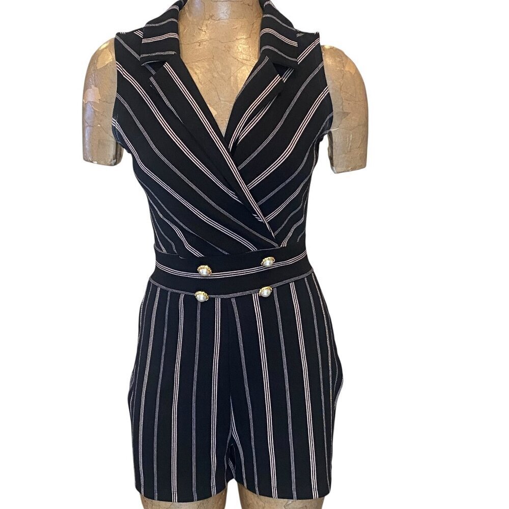 Almost Famous Black‎ Striped/Pinstripe Faux Wrap Romper Sz L #309H